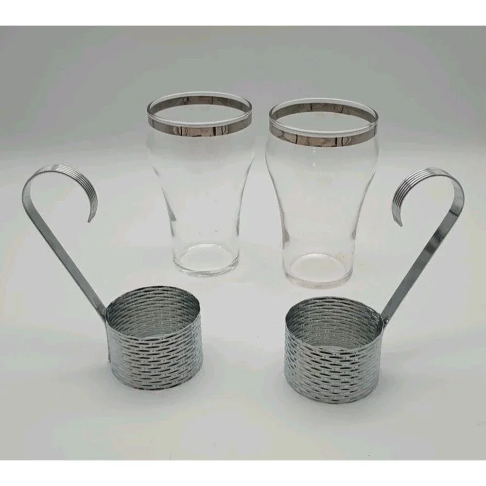 Vtg Federal Soda Fountain Glass Silver Basket Weave Holder Handle Removable